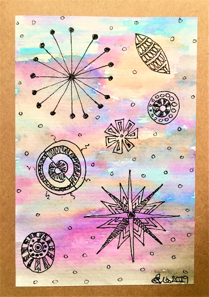 Handpainted Watercolour Greeting Card - Abstract Ink Star/Circle Design - Pink/Turquoise/Blue/Orange - eDgE dEsiGn London
