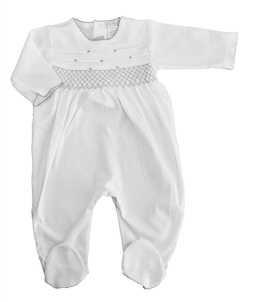 Baby Threads White/ grey hand smocked footie