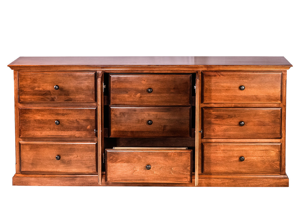 Forest Designs Traditional Nine Drawer Dresser: 72W X 32H X 18D (Three Hidden Drawers & Black Knobs)