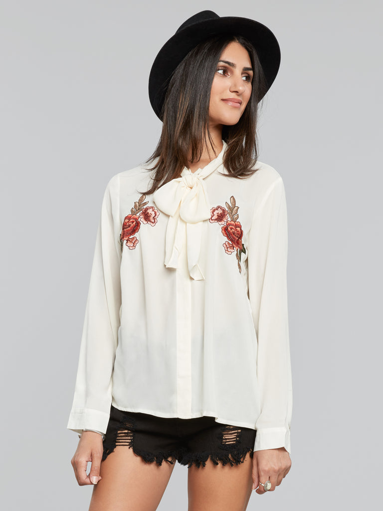 Meesa Front Tie Embroidered Blouse