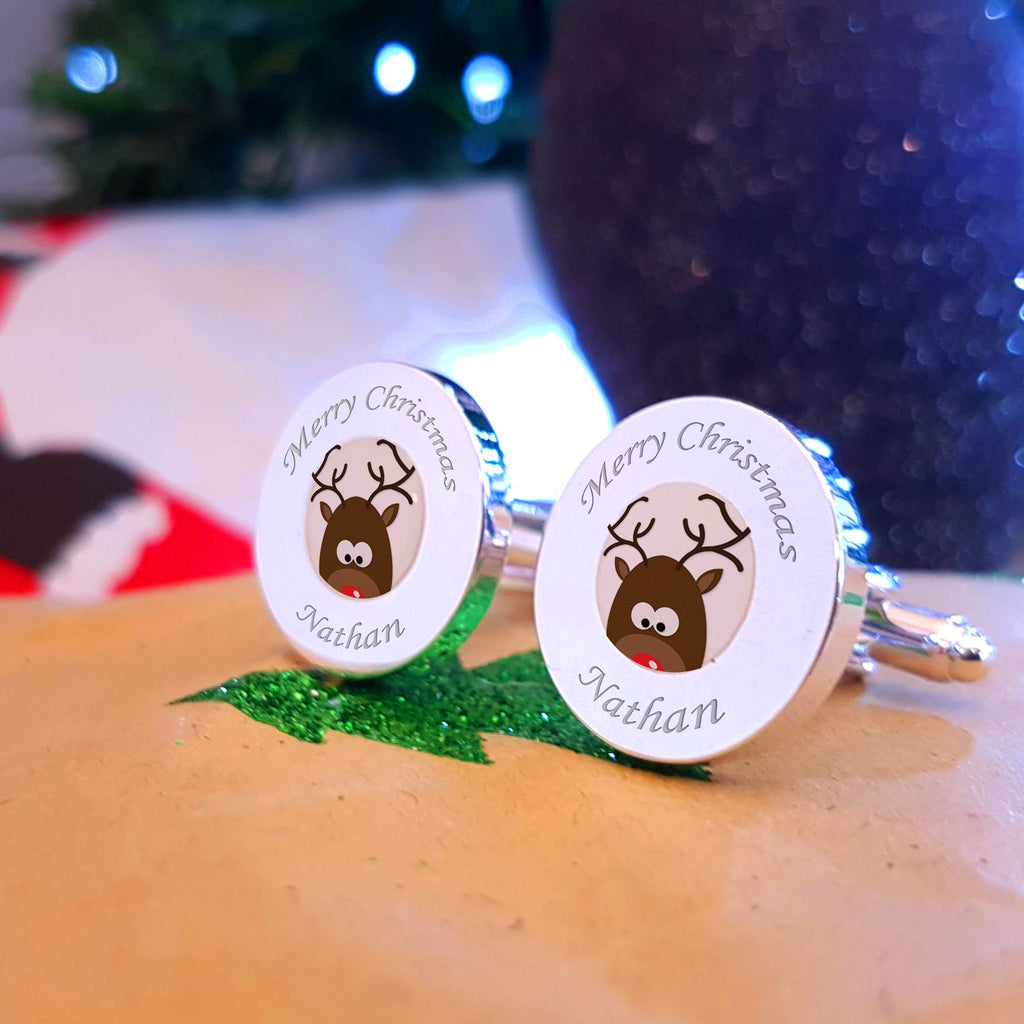 Cute Rudolph Engraved cufflinks - schristmas gifts, stocking fillers & secret santa gifts under £20