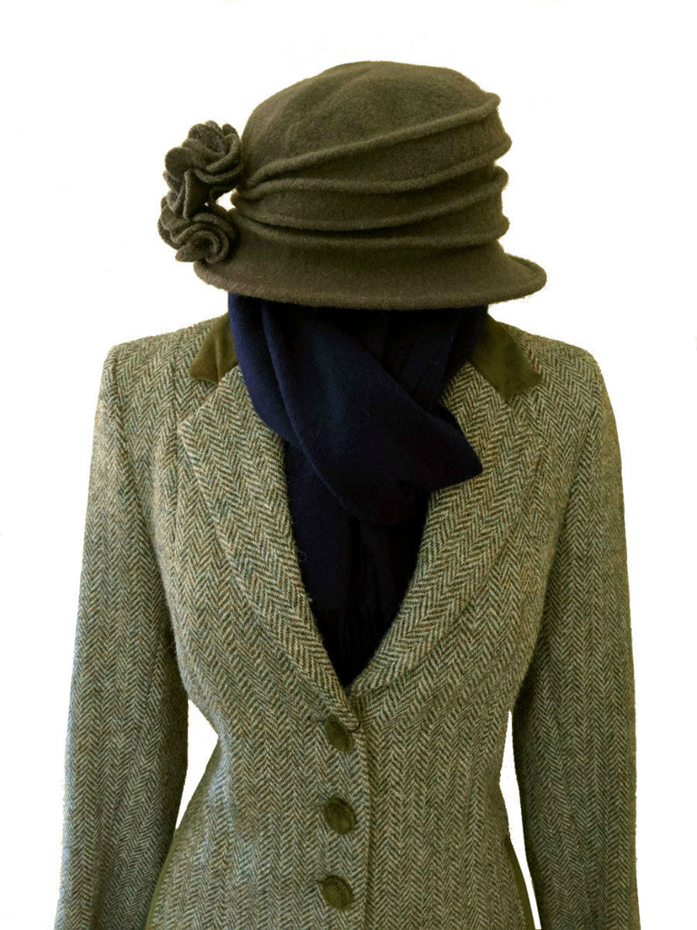 Olive Green Harris Tweed Coat for Women with Indigo Lambswool Scarf from Scotland