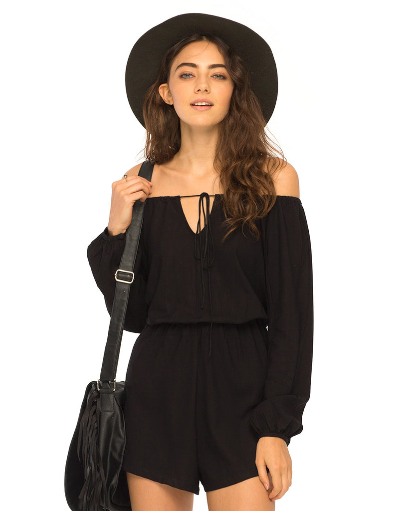 Teegan Off The Shoulder Playsuit in Black by Motel