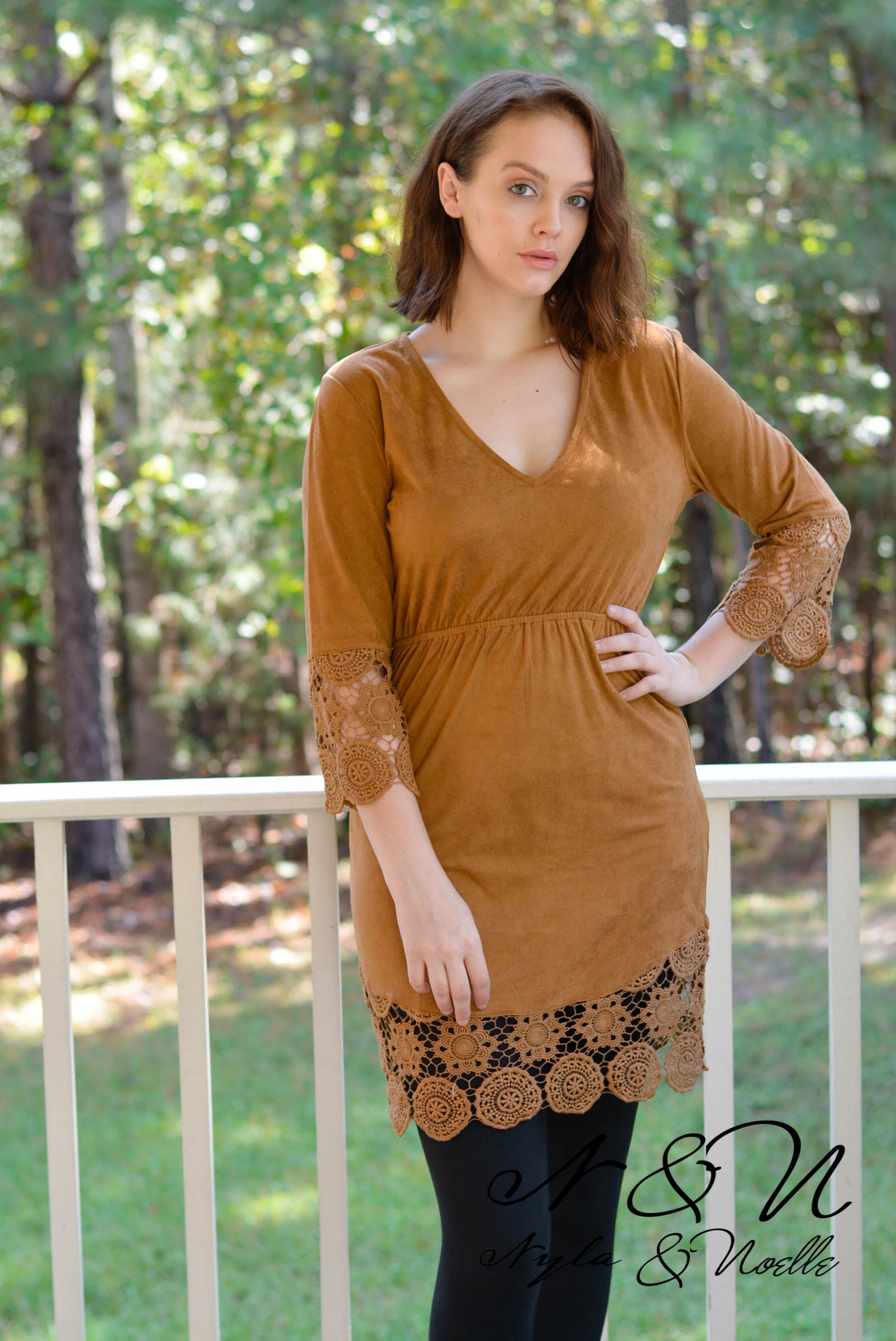 CHARLY - Micro-Suede Long Tunic or Leggings Dress with Crochet Lace Accents