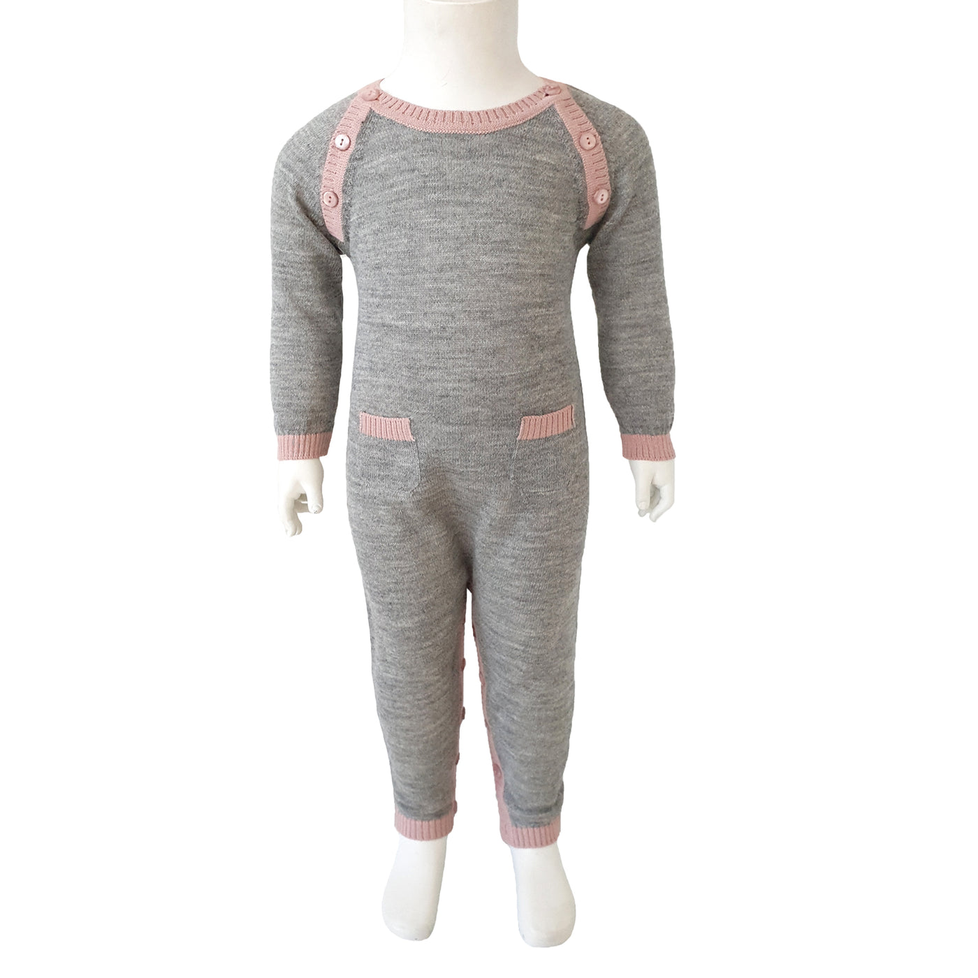 EMMA - Heldragt i 100% baby alpaca - grå med rosa kant