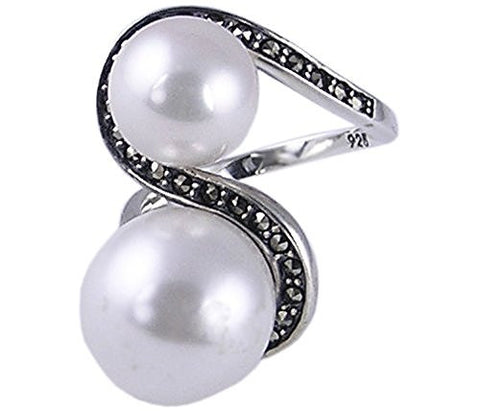 Synthetic Pearl .925 Sterling Silver Marcasite Ring