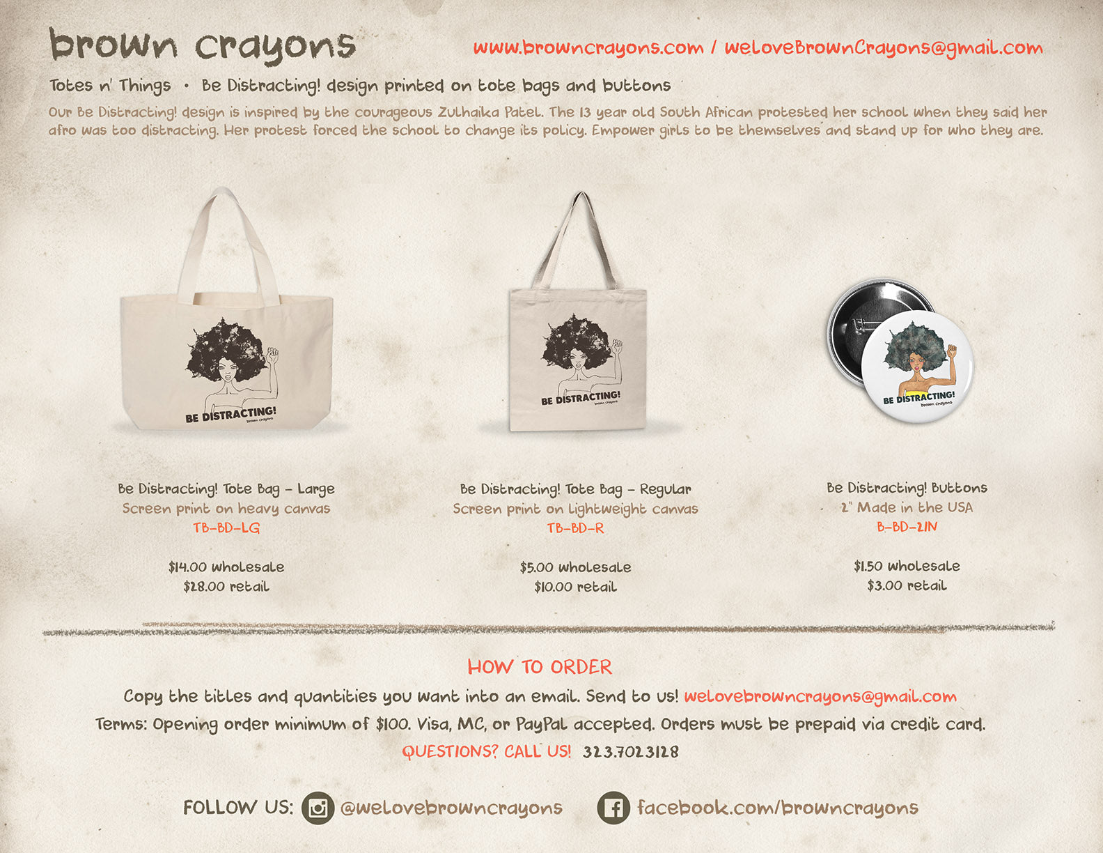 Brown Crayons Wholesale Tote Bags and Buttons