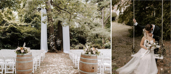 The Kelly's were married at Gracewood Estates in Niagara-On-The-Lake. Left image is their ceremony set up. Right image is Megan on a swing and Andrew kissing her on their wedding day.