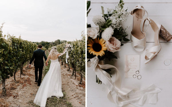 Left Image, Andrew and Megan hand-in-hand at Gracewood Estates Vineyard walking amongst the grape vines. Right image, a flat-lay of Megan's wedding shoes, bouquet, wedding rings and invitation suite.
