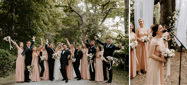 Left Image, the wedding party stands together hands in the air, celebrating. Bridesmaids are wearing Henkaa Sakura Maxi infinity dresses in Champagne Nude. Right image, Megans bridesmaid sings during the ceremony. 