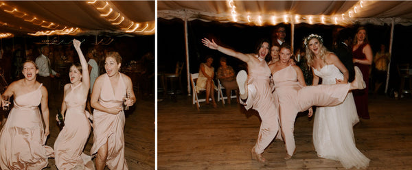 Left Image, Megan's bridesmaids dance together in Henkaa Sakura Maxi convertible bridesmaid dresses. Made with a 4-way-stretch blend these are dresses you can move in! 