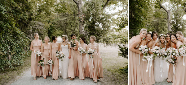 Megan and her birdal party share some intimate moments. Bridesmaids are wearing Henkaa Sakura Maxi convertible dresses in the colour Champagne Nude.