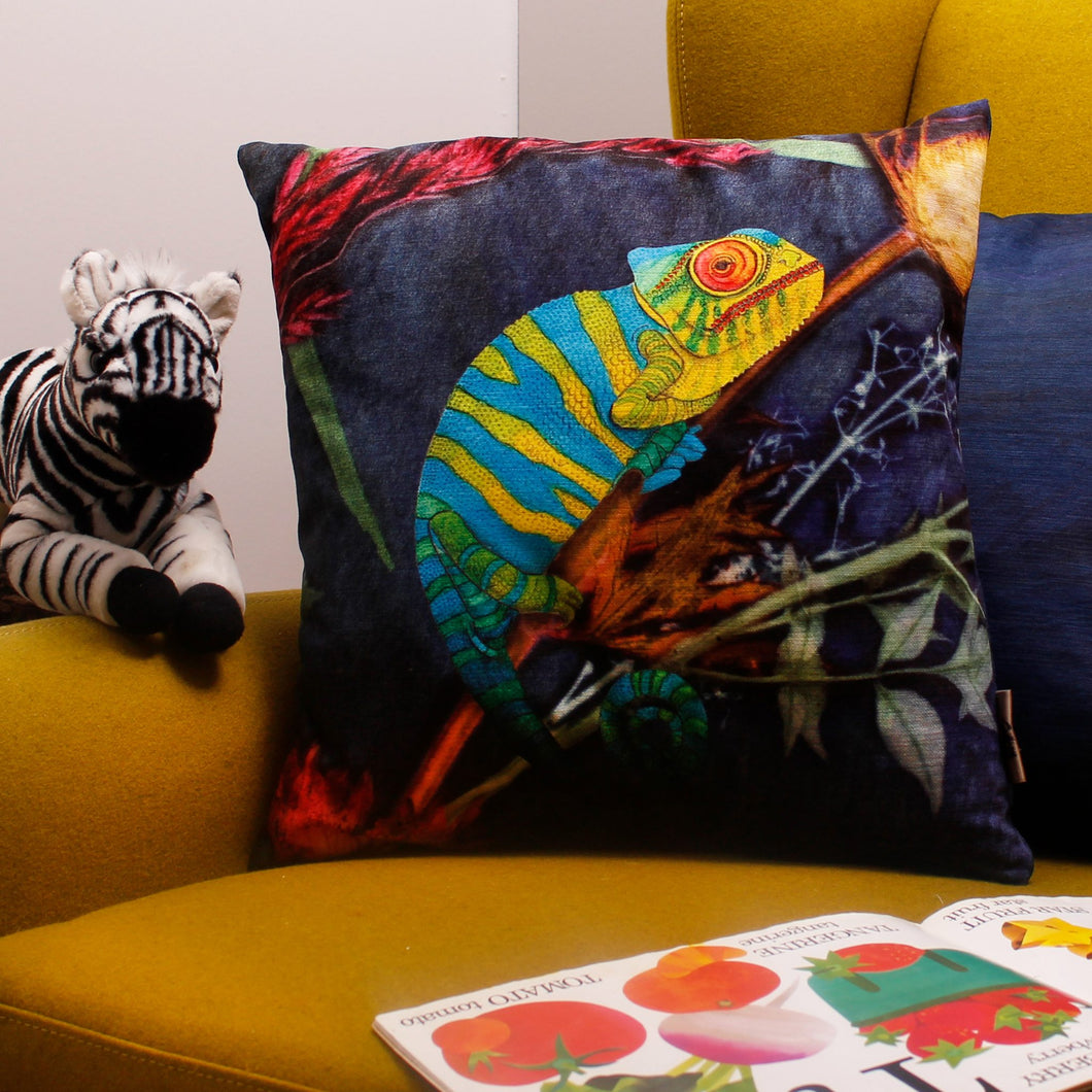 From Loft to loved - Gillian Arnold - 45cm velvet cushion - duck feather inner - Sedgefield, County Durham - Camouflaged Chameleon - blue and green tropical print