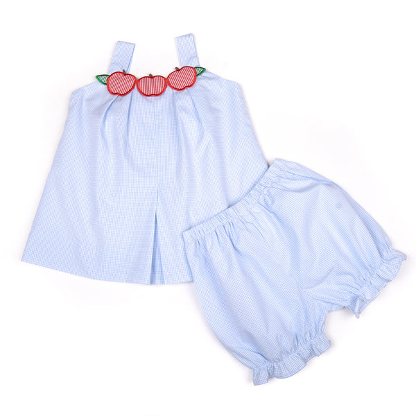 Blue Gingham Applique Apple Pleated Bloomer Set