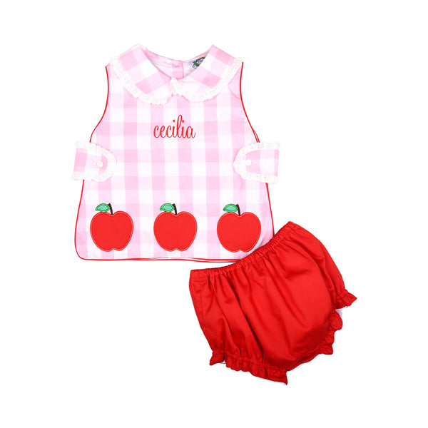 Pink Check Applique Apple Eyelet Diaper Set
