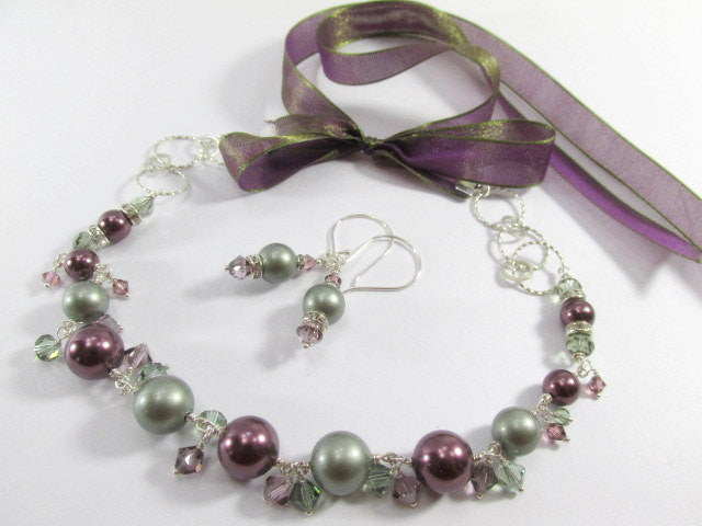 Swarovski Pearl and Crystal Necklace and Earring Set in Powder Green, Plum Burgundy - Odyssey Creations