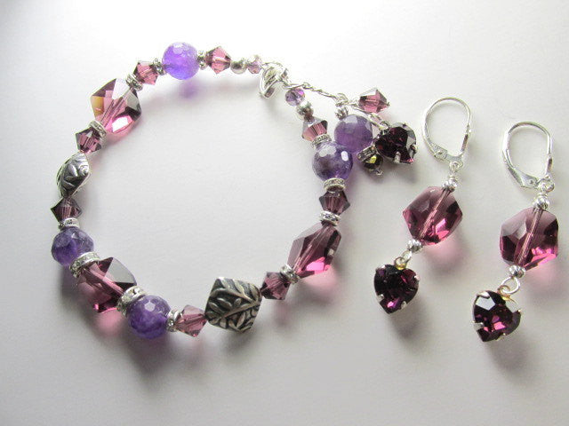Swarovski Purple Amethyst Cosmic Crystal and Heart Sterling Silver Earrings - Odyssey Creations