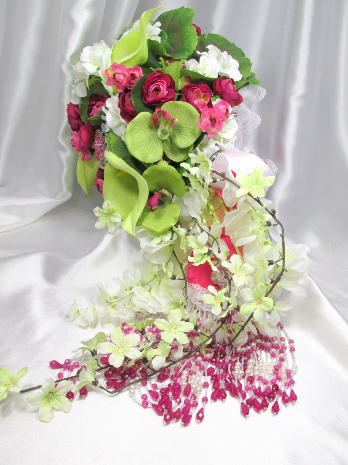 Fuchsia Pink and Lime Calla Lily Victorian Beaded Cascading Bridal Bouquet and Boutoneirre Set - Odyssey Creations