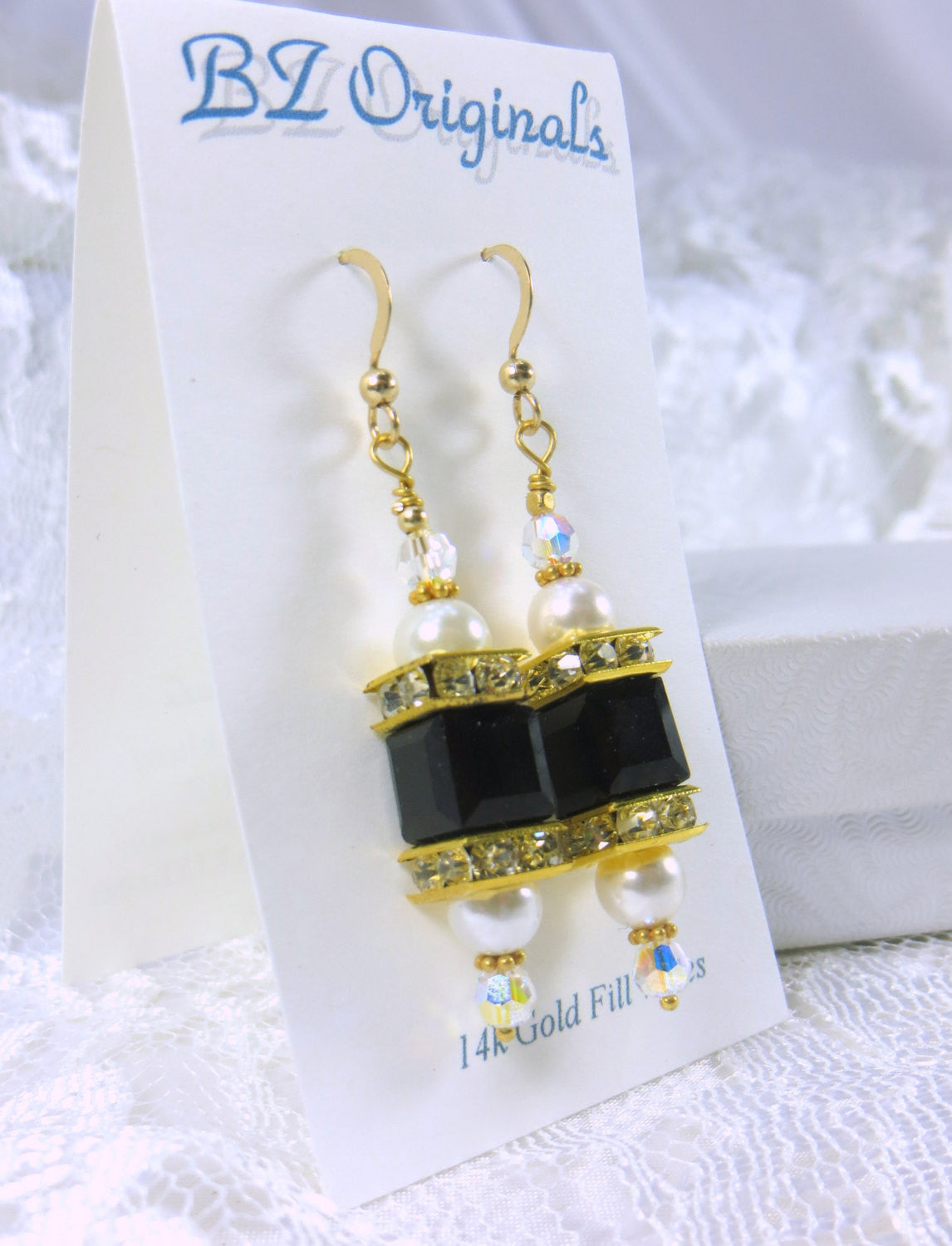 Swarovski Cube Lantern Earrings in Black and White Pearl on 22k Bali Gold Earring Wires - Odyssey Creations