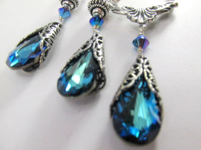 Bermuda Blue Teardrops Swarovski Vintage Style Necklace and Earring Set on Silver - Odyssey Creations