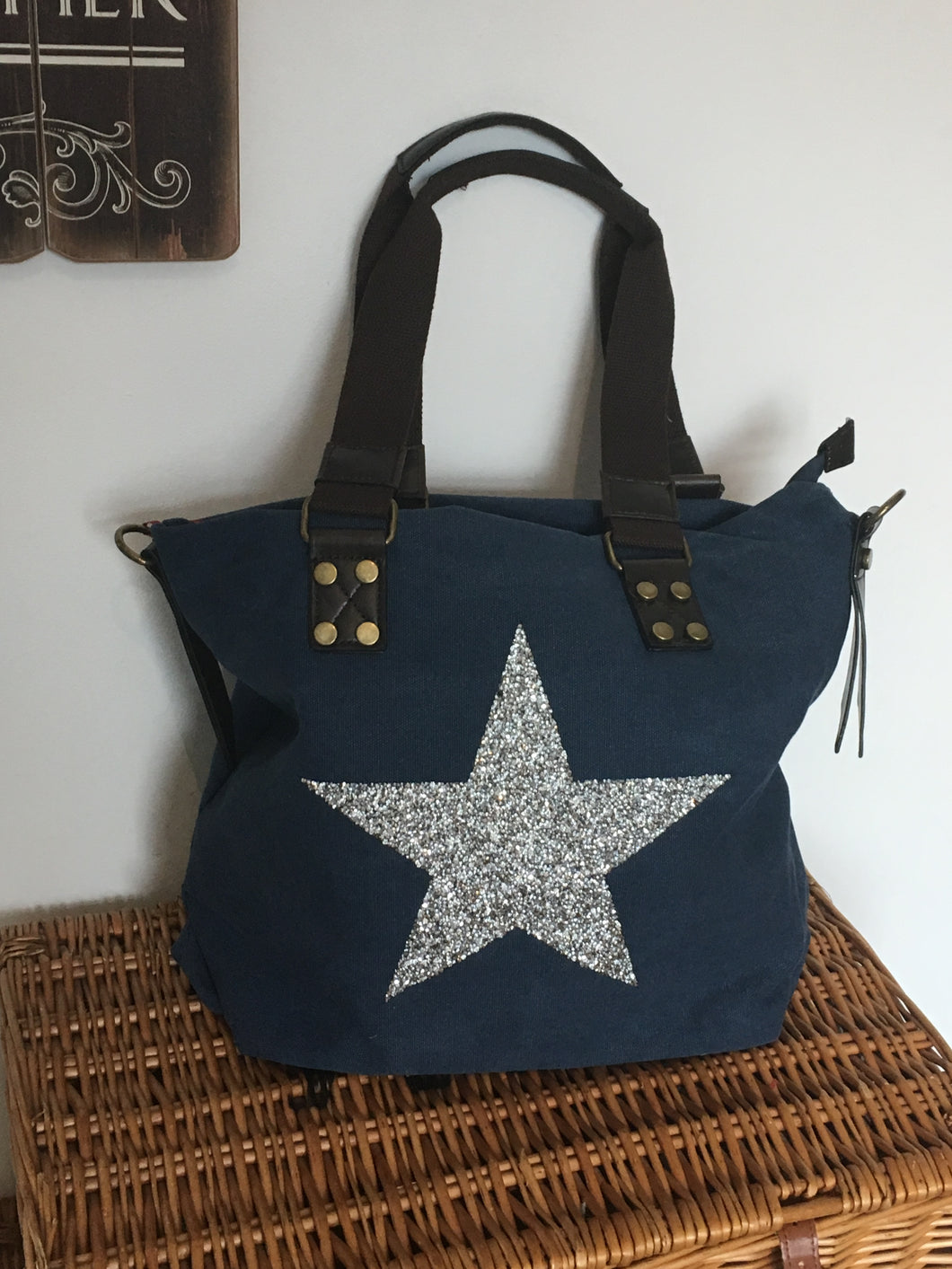 Large Navy sparkling Silver Star Bag - 100% Canvas