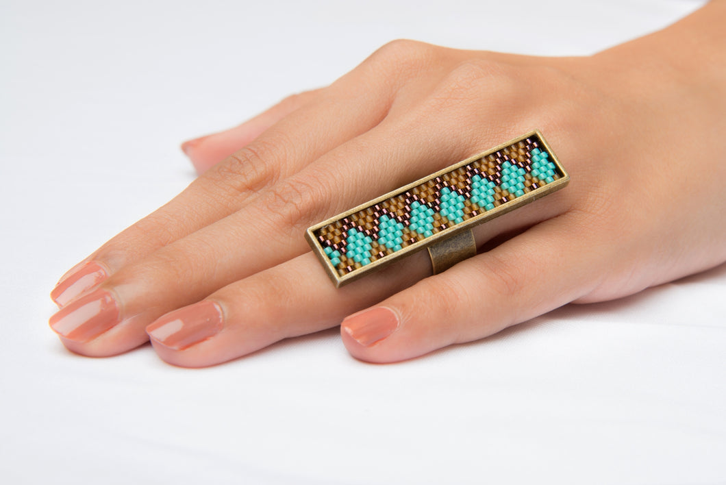 Aqua Blue and Bronze Long Ring