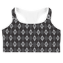 Front view black and grey argyle skull print sports bra with white trim