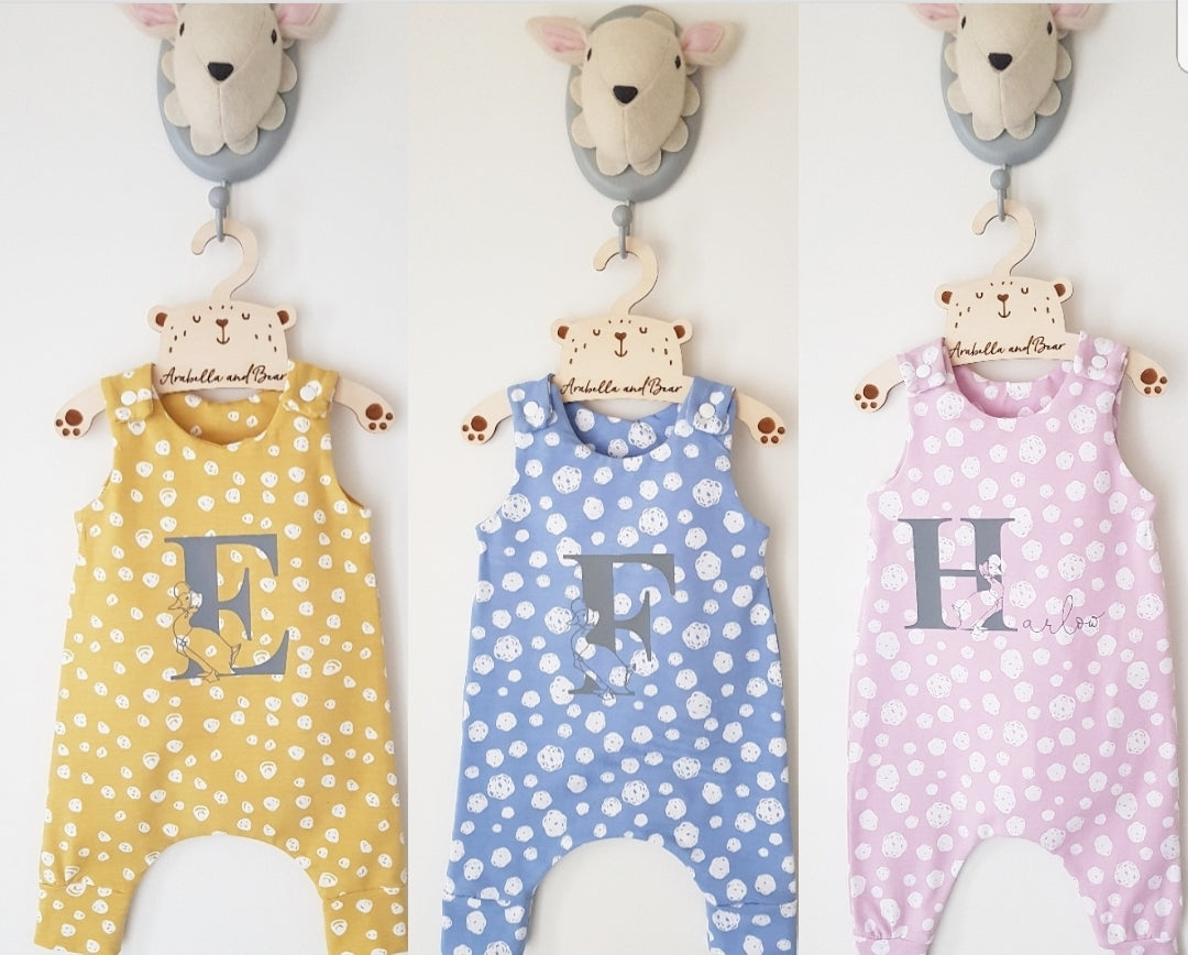 Jemima puddleduck Spotty romper. Pink , blue or mustard