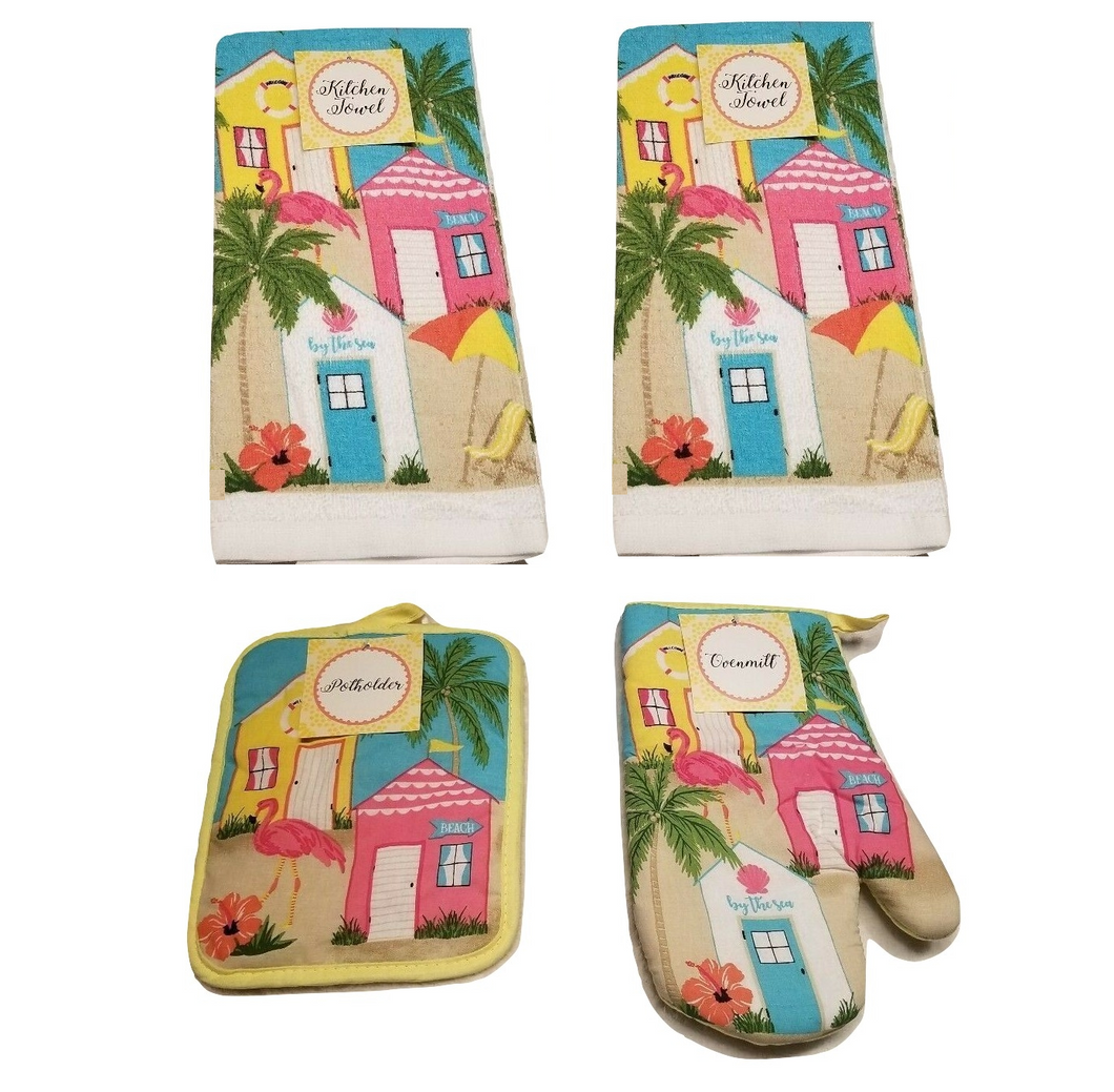 Flamingo Palm Tree Dish towels Oven Mitt Pot holder Set of 4 Beach Summer House