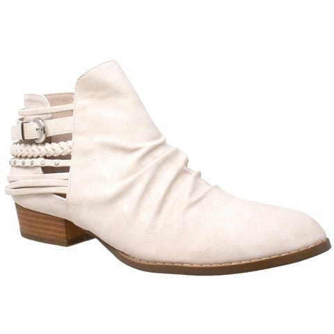 Womens Ankle Boots Western Block Heel Bootie Strappy Stud Buckle Shoes Beige
