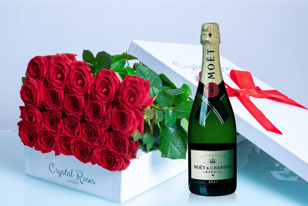 Valentine's Day roses, Valentine's day, red roses and champange, moet, long stem red roses, long stem roses - Crystal Roses London