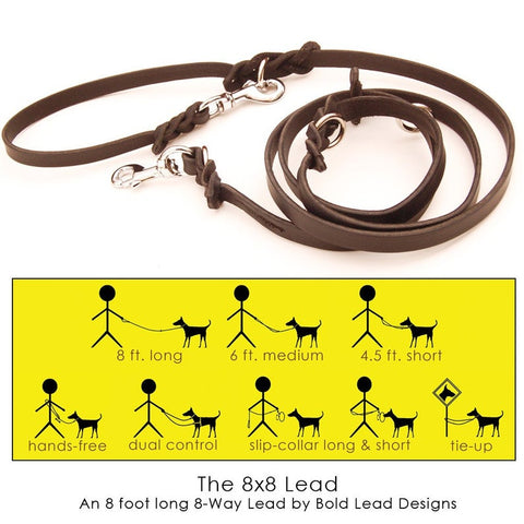 Brown leather leash with graphic for different ways to wear it