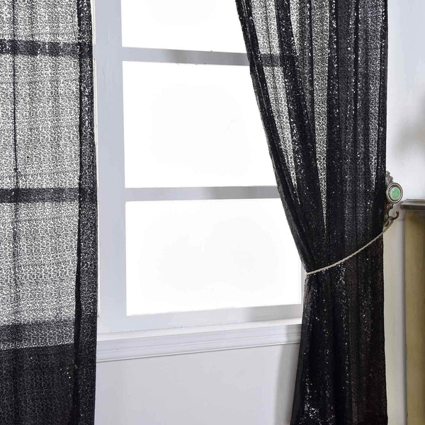 2 Pack | 52"x64” Black Sequin Curtains With Rod Pocket Window Treatment Panels