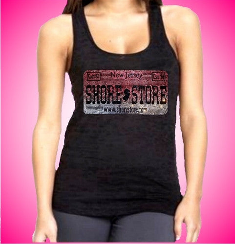 Shore Store License Plate Pink Rhinestone Burnout Tank Top