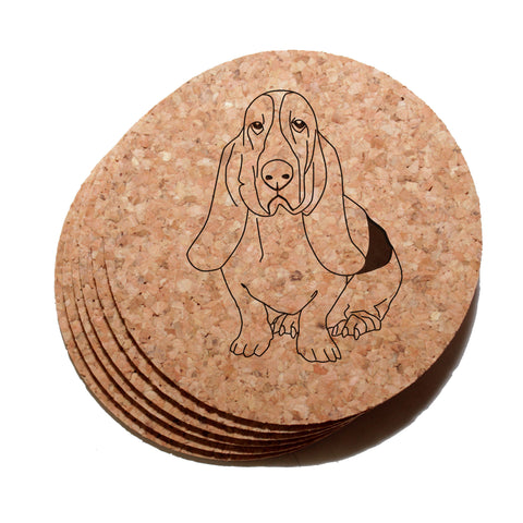 4 inch Basset Hound Cork Coaster Set of 6
