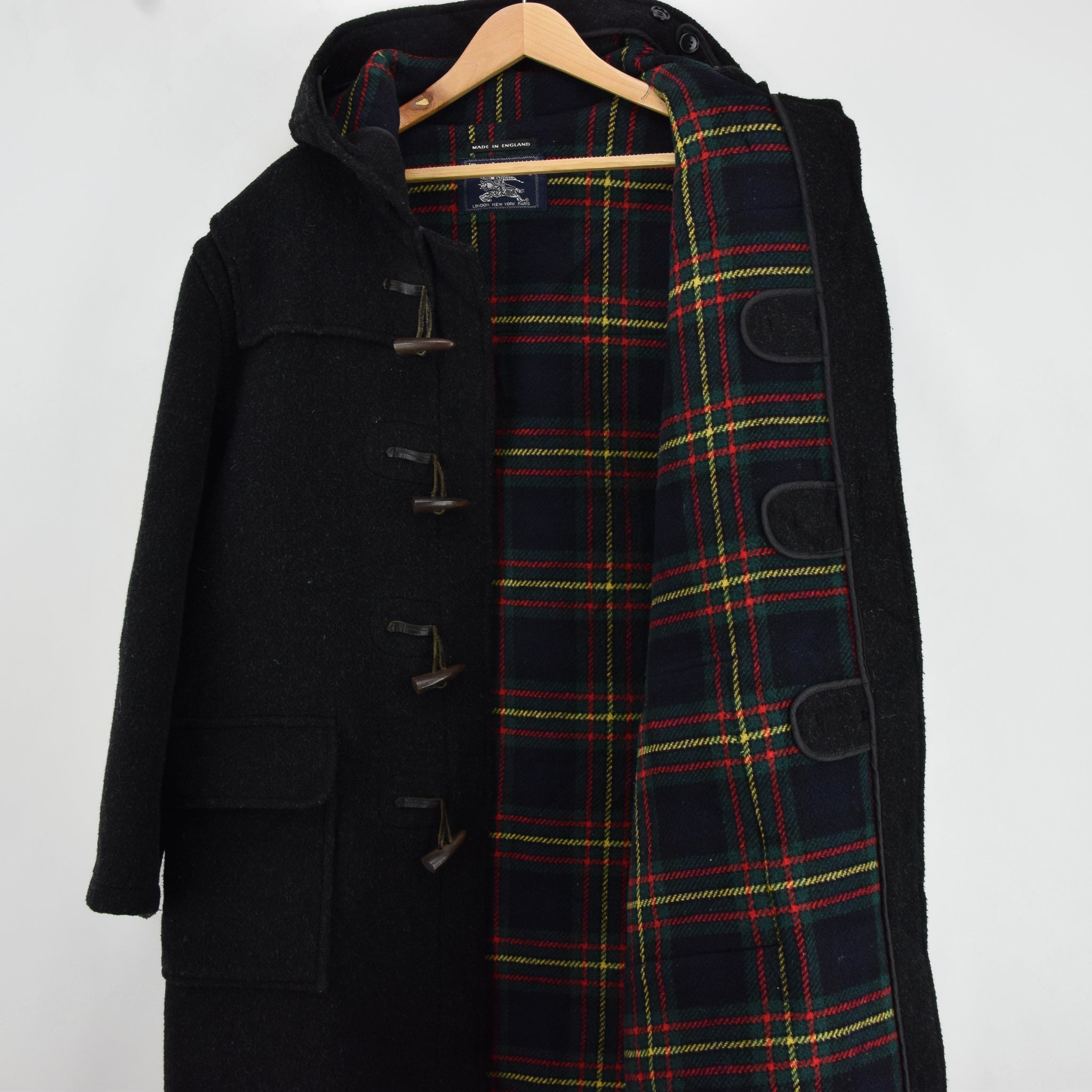 Vintage Burberry Charcoal Black Wool Duffle Coat Jacket Made in England L lining