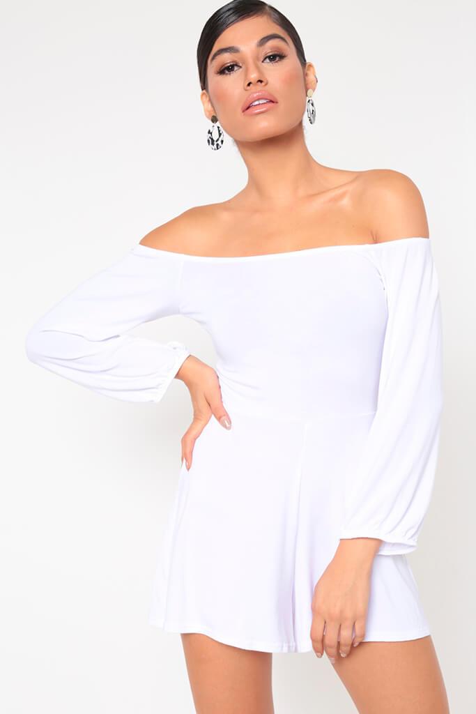 White Basic Bardot Long Sleeve Playsuit