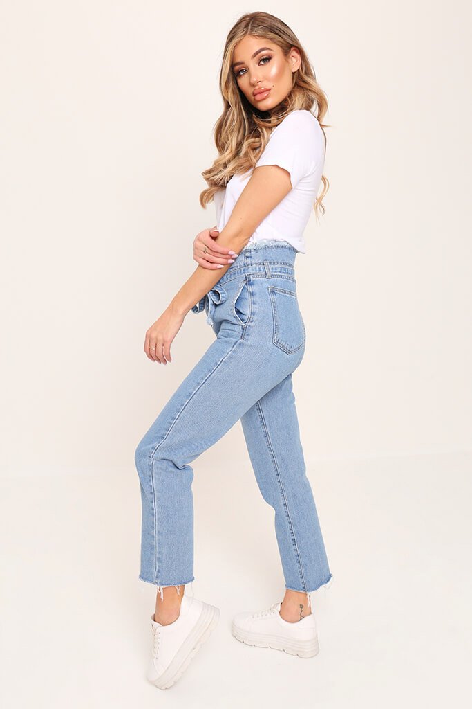 Blue High Waisted Frayed Paper Bag Mom Jeans