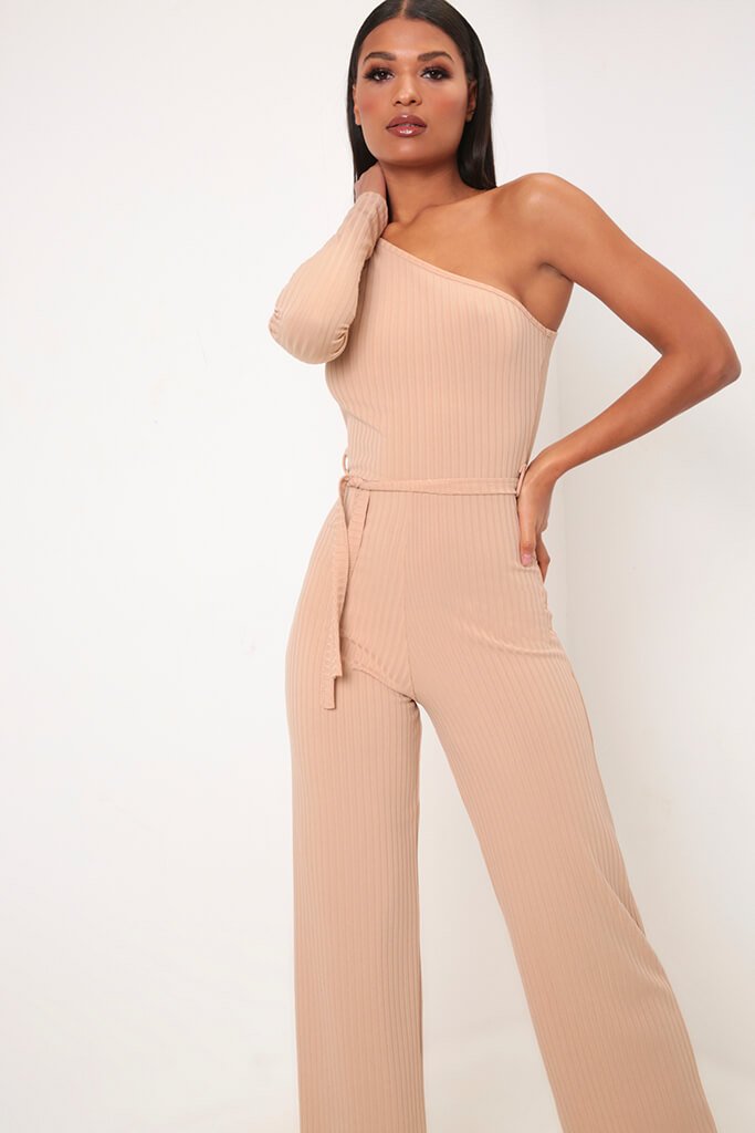 Camel One Shoulder Ribbed Jumpsuit view 2