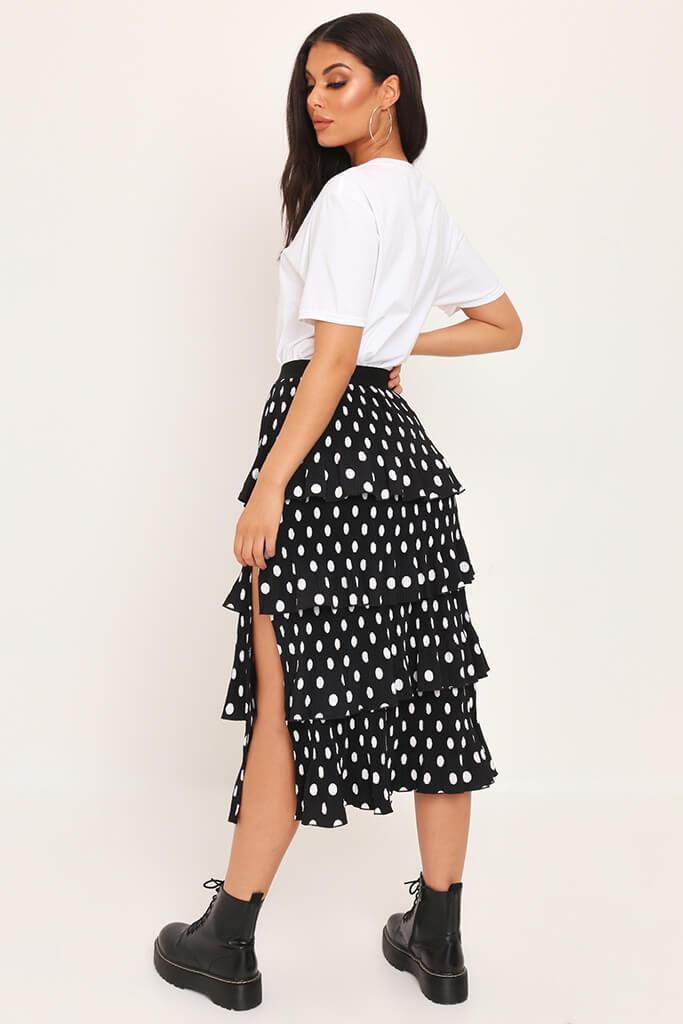 Black Polka Dot Print Tiered Midi Skirt view 5