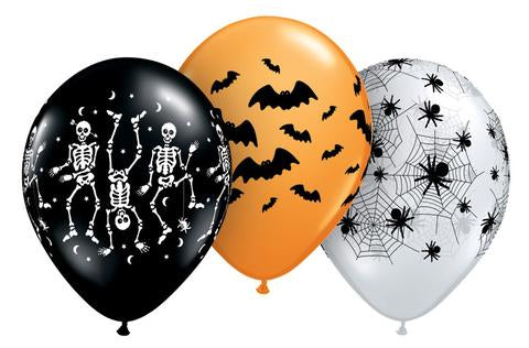 Balloons 30 cm - skeleton/spider web/bats print pkt 6