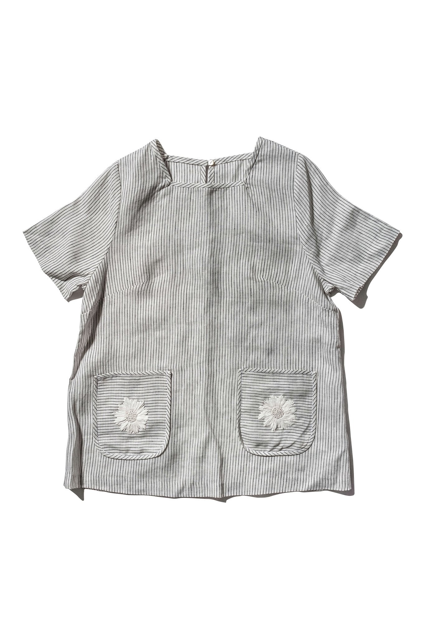 Hand Embroidered Daisy Box Blouse - Mary Laaf Little Stripe