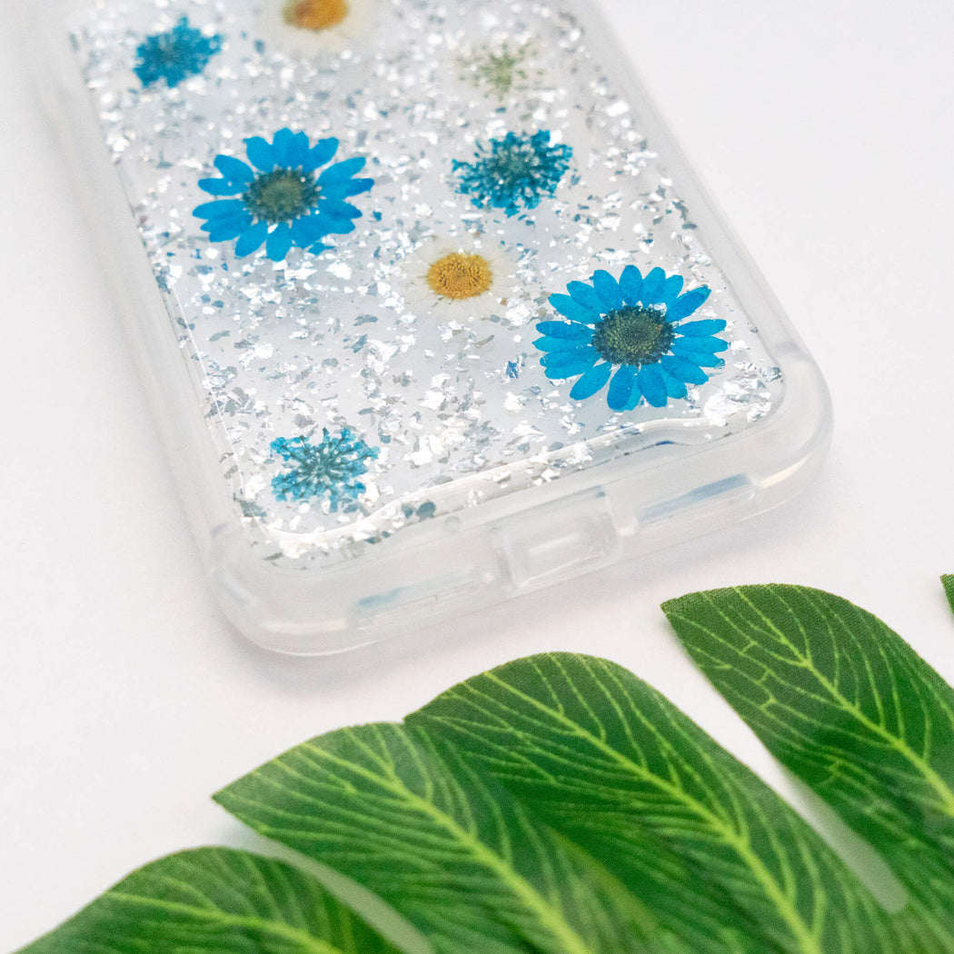 pressed flower iphone case cute protective anti drop bumper blue daisy silver foil luxury wildflower floral neverland floralfy