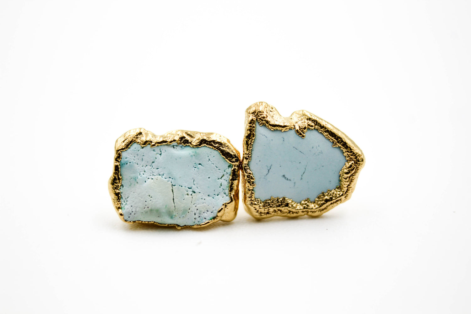 raw gemstone earrings, electroformed, turquoise, 24k yellow gold, 18k rose gold, rhodium