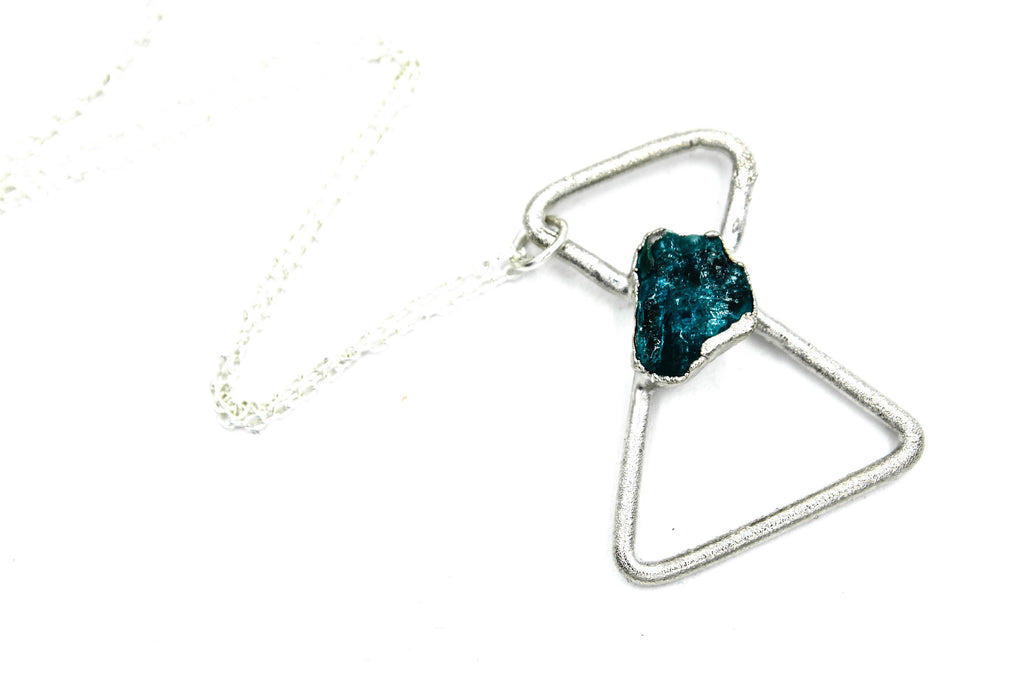 blue apatite geometric hourglass necklace in silver by fox and stone bohemian crystals