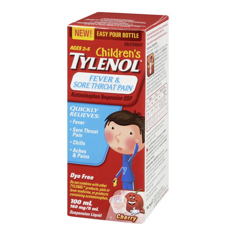 Children’s Tylenol® Acetaminophen Suspension Liquid, Fever & Sore Throat Pain, Cherry, 100 ml