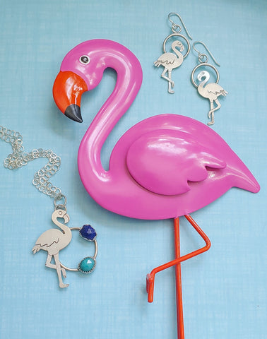 pink flamingo and sterling silver flamingo necklace and earrings