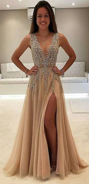 Sex Long Prom Dress With Slit Deep V Neckline Fashion