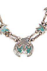 Sterling Silver Turquoise Eagles Squash Blossom Necklace