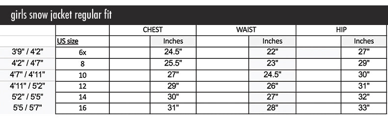 girls sizing chart